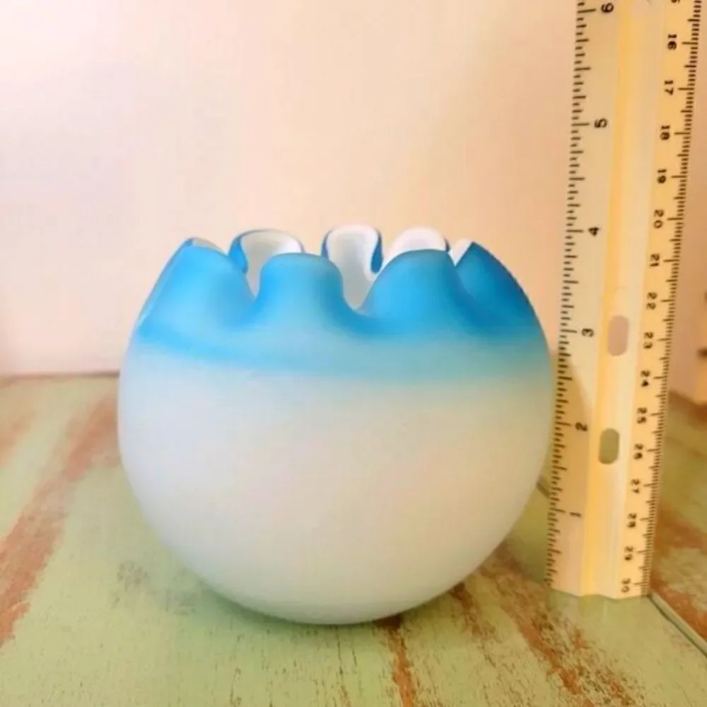 Fenton Blue Satin Glass Crimmped Ruffle Edge MCM Art Glass Bowl